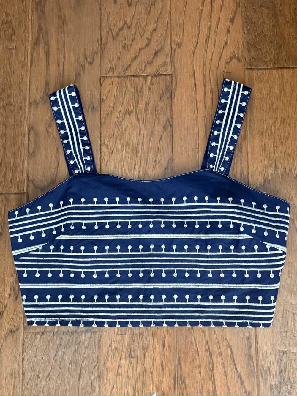 Avec Les Filles Navy and White Embroidered Crop Tank